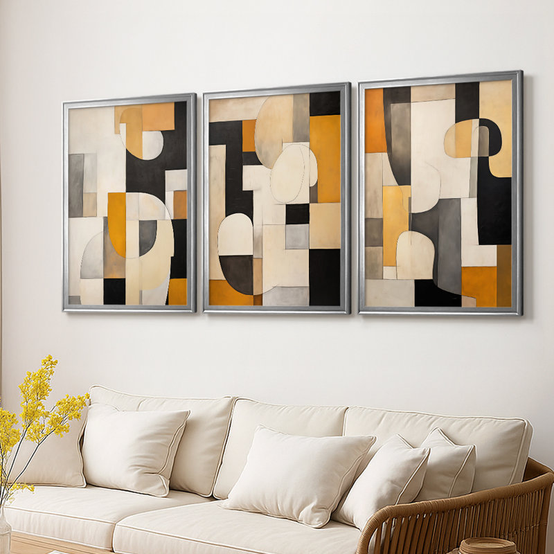 ABSTRACT Series DV - Toile tendue avec châssis sur mesure - 3 pièces, Argent argent, H 19 po x l 27 po