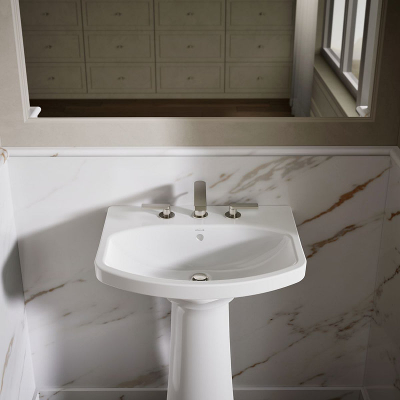 Cimarron® 26.81" Vitreous China U-Shape Pedestal Bathroom Sink with Overflow, White, 8'' Centers