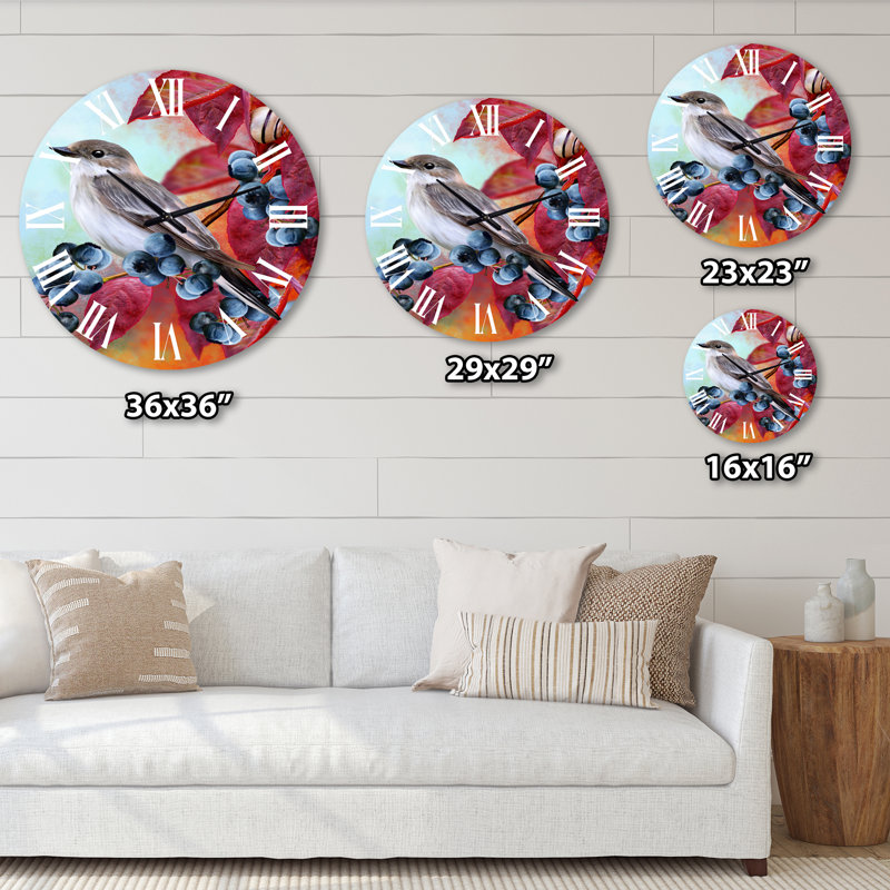 Petit oiseau gris sur un rameau d'automne rouge sur bleuet - Horloge murale traditionnelle, Moyenne