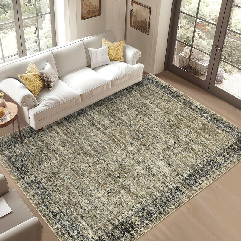 10X13 Area Rugs For Living Room Washable, Soft Vintage Distressed Large Bedroom Rugs Retro Indoor Floor Carpet, Low Pile Non-Slip Farmhouse Rugs For Dining Room, Olive Brown