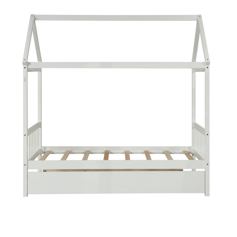 Structure de lit en bois massif avec lit gigogne simple pour plus de chaleur, sans sommier tapissier, Blanc, Lit simple