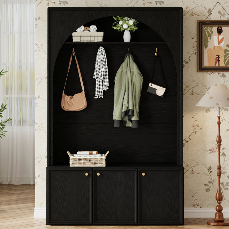 Hall Tree With 2 Cabinet & 4 Hooks, Noir
