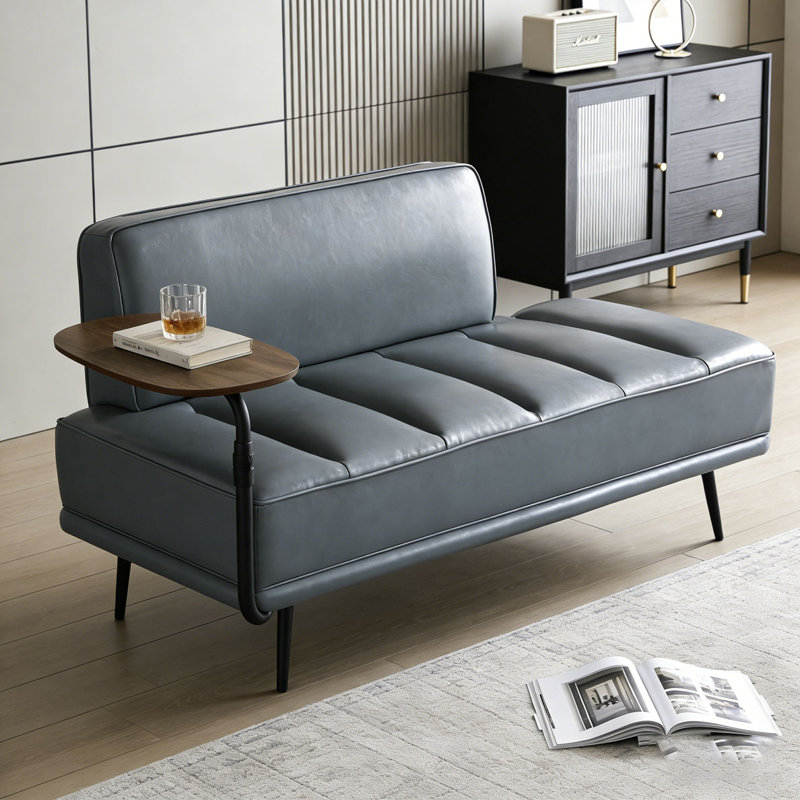 Banc de bout moderne de 55 po de large avec revêtement en similicuir et table d'appoint, Gris