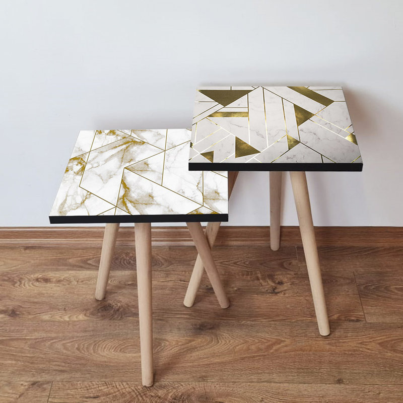 Modern Nesting Table Set (2 Pieces), White & Gold with Grey, 13.8 x 18.5 x 13.8 in & 13.8 x 16.5 x 13.8 in | 100% MDF with Beech Wood Legs, Stylish Geometric Design for Living Room & Office Décor