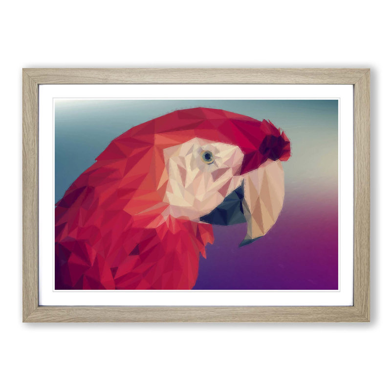 Geometric Scarlet Macaw Parrot in Abstract - Framed Print, Oak Framed, 48cm H x 65cm W x 2cm D