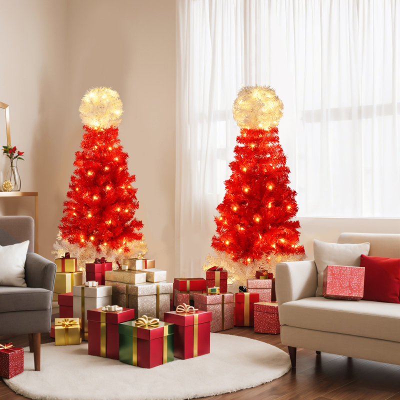 Lighted  Santa Hat Style Christmas Tree Set Of 2, 4Ft Artificial Tree With Warm White Lights, Christmas Tree For Decoration Inside And Outside