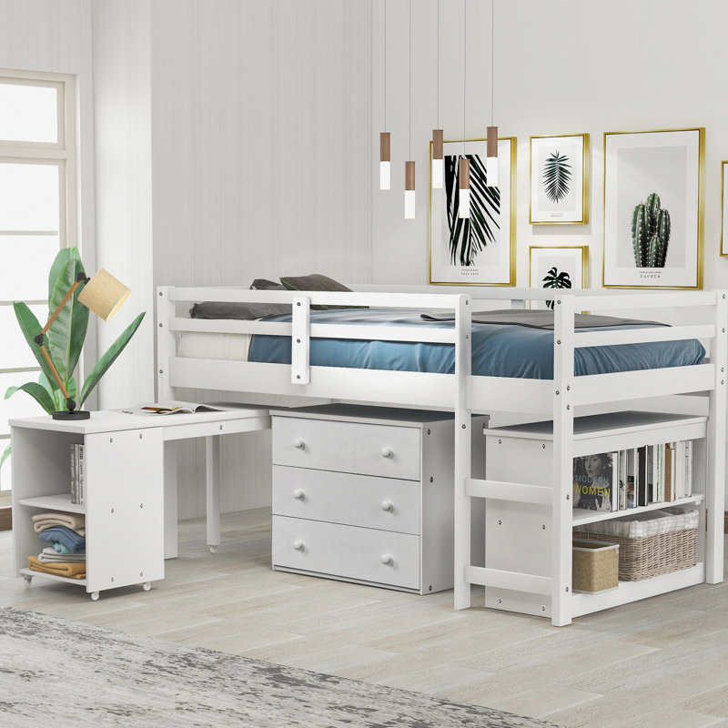Lit mezzanine simple avec armoire et bureau à roulettes - blanc, Blanc