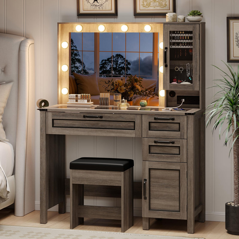 Coiffeuse d'angle avec grand miroir à DEL, Gris