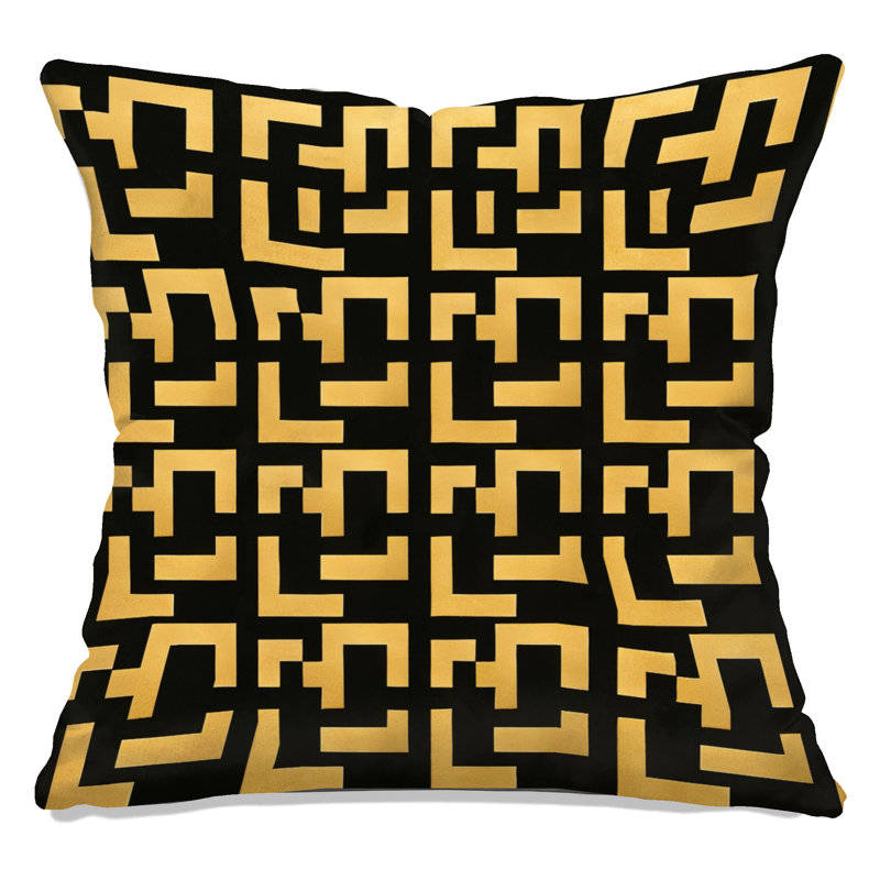 Geometric Maze Geometric Linen Throw Pillow, 14 x 14 inches, Noir et or
