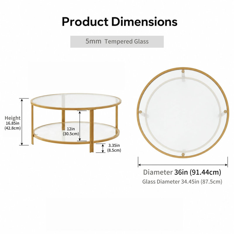 36" Round Glass Coffee Table with 2-Tier Storage | tempered glass with unique triple-tube rhombus legs. metal frame for living room,office and apartments.
