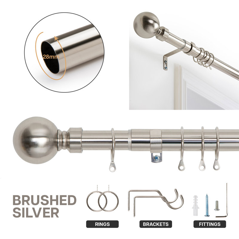 Heavy-Duty Adjustable Curtain Pole with Finials, Brushed Silver, 70-120cm