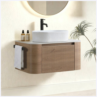 Meuble-lavabo de 30 po en chêne miel avec lavabo, armoire murale avec porte-serviettes gratuit, lavabo en céramique rayé ovale blanc, meuble-lavabo pré-assemblé