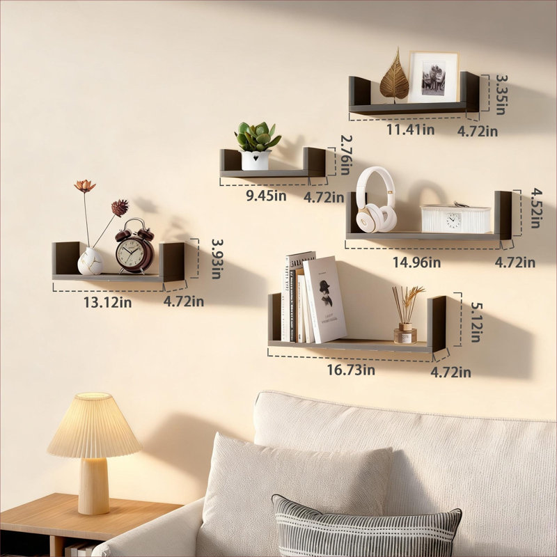 Ensemble de 5 tablettes murales flottantes minimalistes, rangement et décoration de maison multi-pièces, bois noir