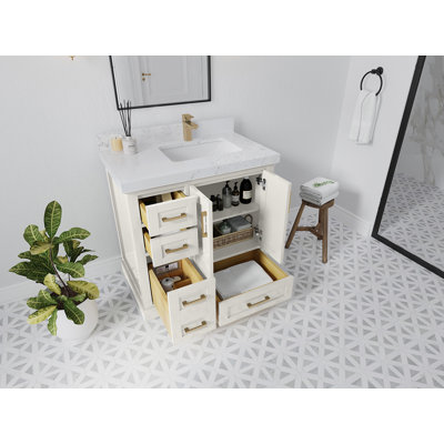 Boston 36 In. W X 22 In. D Right Offset Sink Bathroom Vanity In Alabaster With 2 In. Quartz