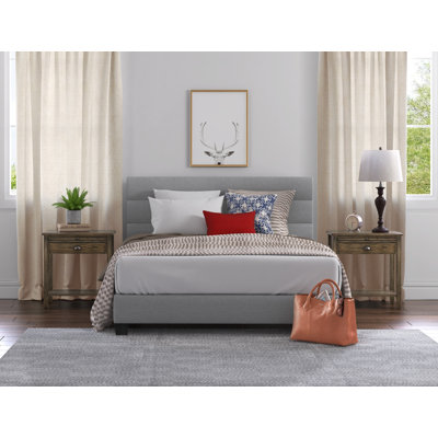 Lit plateforme tapissier Hudson, tête de lit droite capitonnée, gris clair