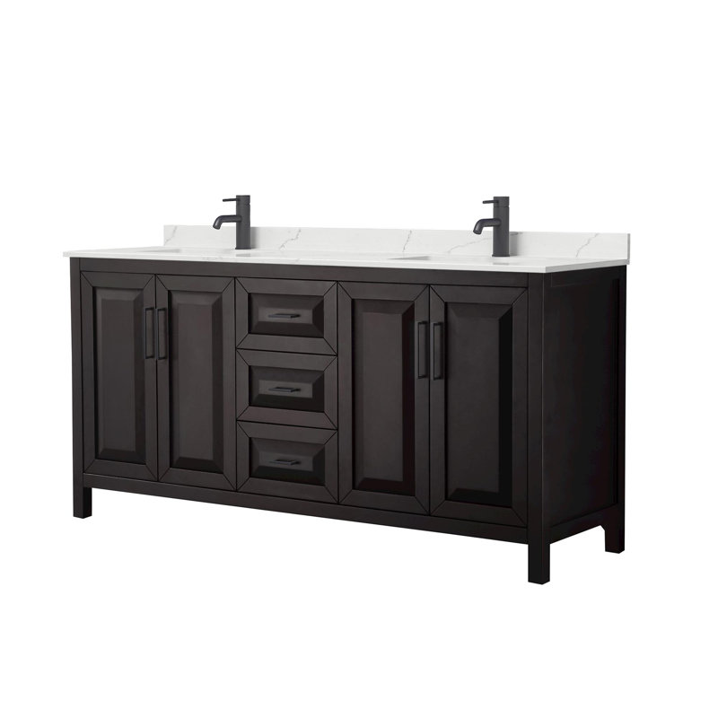Meuble-lavabo double 72 po avec plateau en quartz Daria, Quartz blanc, Brun, Noir mat