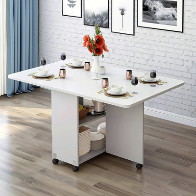 Folding Drop Leaf Dining Table With 6 Wheels And 2-Layer Storage Shelf, Space Saving Table For Small Spaces, 47.2 Inch D X 23.6 Inch W X 30.3 Inch H, White