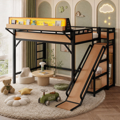 Lit mezzanine pleine grandeur avec glissade, tablettes de rangement et garde-robe intégrée, cadre de lit mezzanine en métal avec ports USB et lumières DEL, solide et sécuritaire pour les enfants adolescents, naturel.