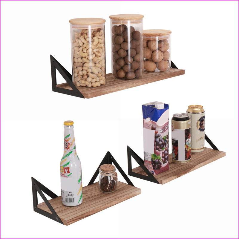 Floating Shelves Set of 3, Rustic Natural Wood Wall Mounted Shelves | Natural Wood | Metal &amp; Wood
