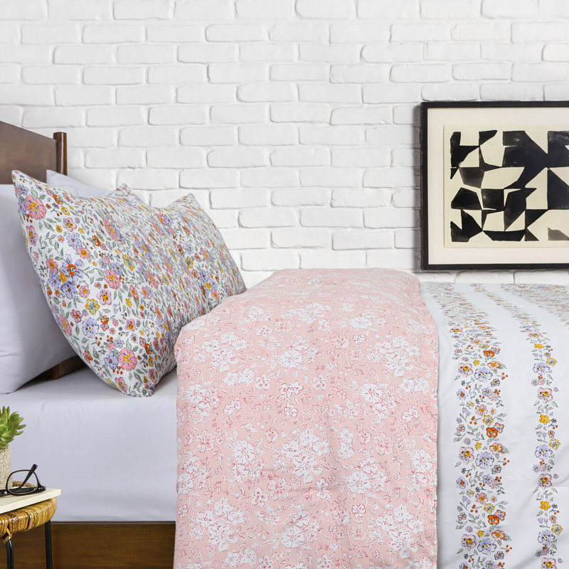 Full Pink Floral Microfiber Reversible Comforter Set
