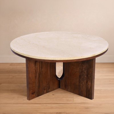 Kara Coffee Table, 29 Inch Round Botticino Marble Top, Brown Mango Wood 3 Panel Tripod Base