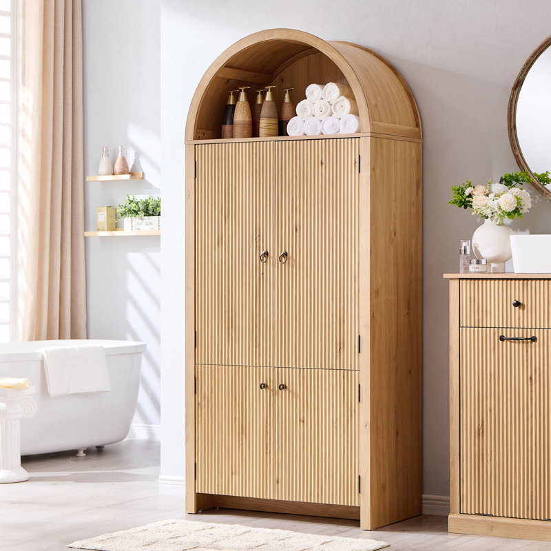 71" Tall Modern Arched Bathroom Storage Cabinet, Fluted Storage Cabinet w/3 Adjustable Shelves, 6 Door Shelves, Natural