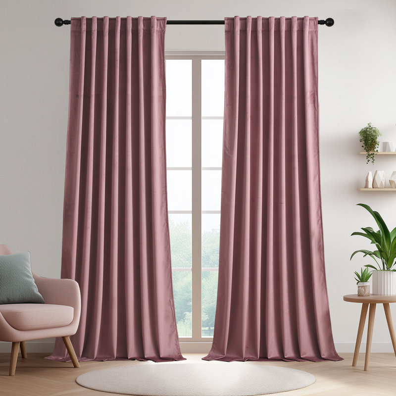 Deavion Velvet Solid Color Back Tab Room Darkening Curtain Panels, 42" W x 84" L, Rose Pink
