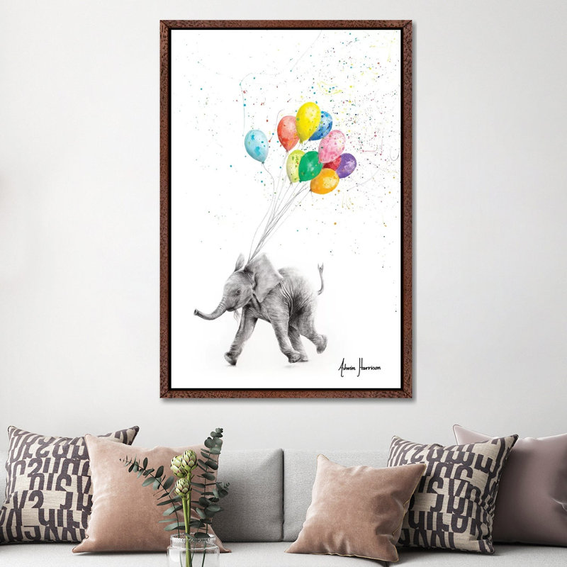 The Elephant And The Balloons by Ashvin Harrison - Print on Canvas, Classic Brown Wood Framed, 152.5 cm H x 101.5 cm W