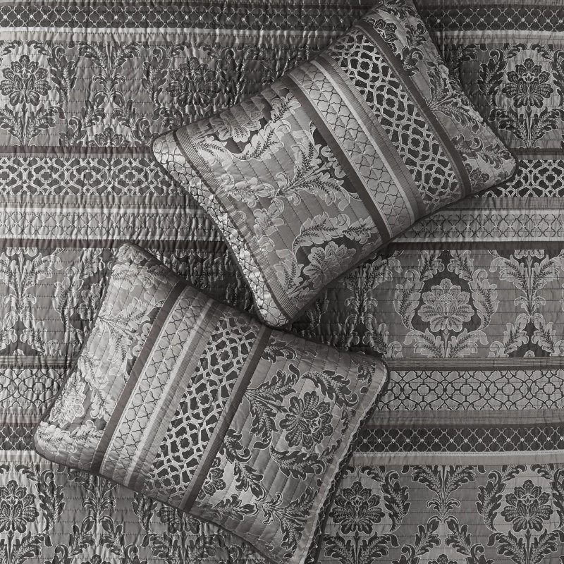 6 - Piece King/ King Quilt With Grey, 2 Shams, 3 Throw Pillows, Leaf Motifs, Gold Pops, Reversible Design Grey , Patterns, Material, Styling