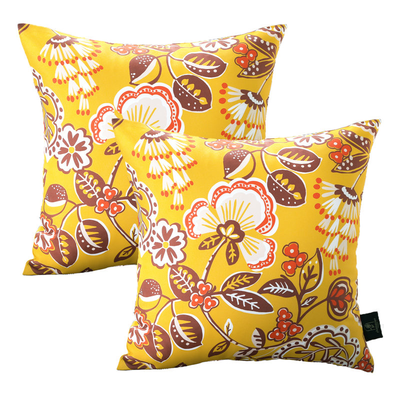 Outdoor Floral Colleciton Outdoor Reversible Throw Pillow, Yellow, Square 20"