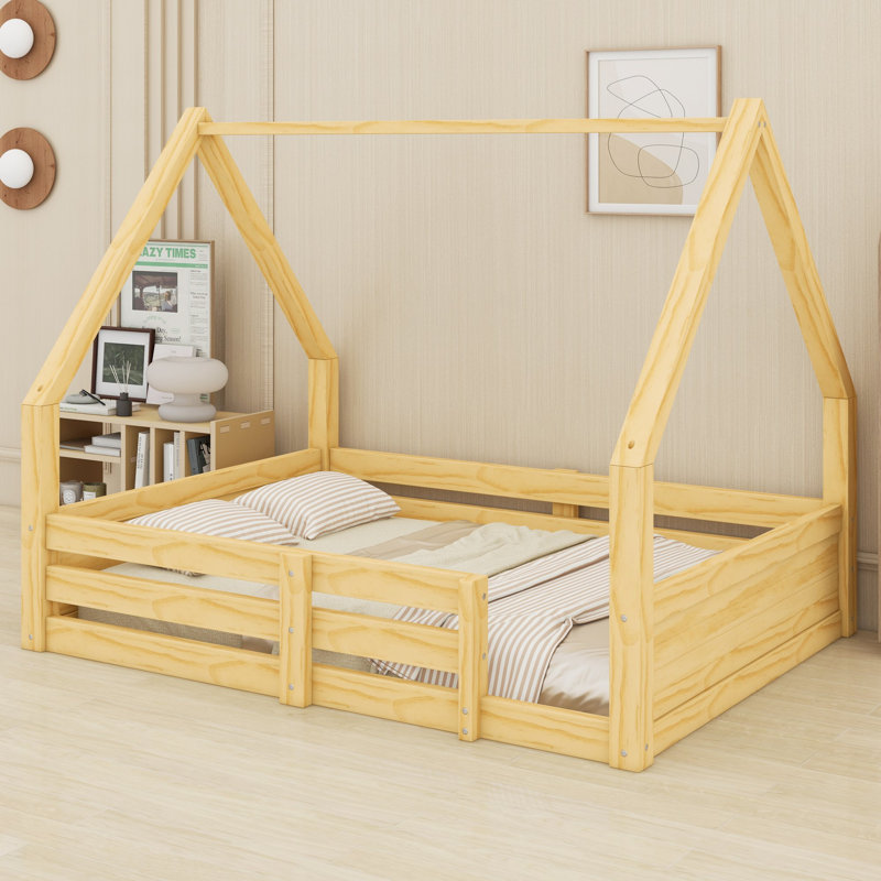 Lit cabane avec cadre de toit et système de fixation sécurisé pour chambres d'enfants, Full, Naturel