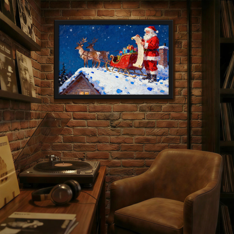 Père Noël avec renne et traîneau sur le toit