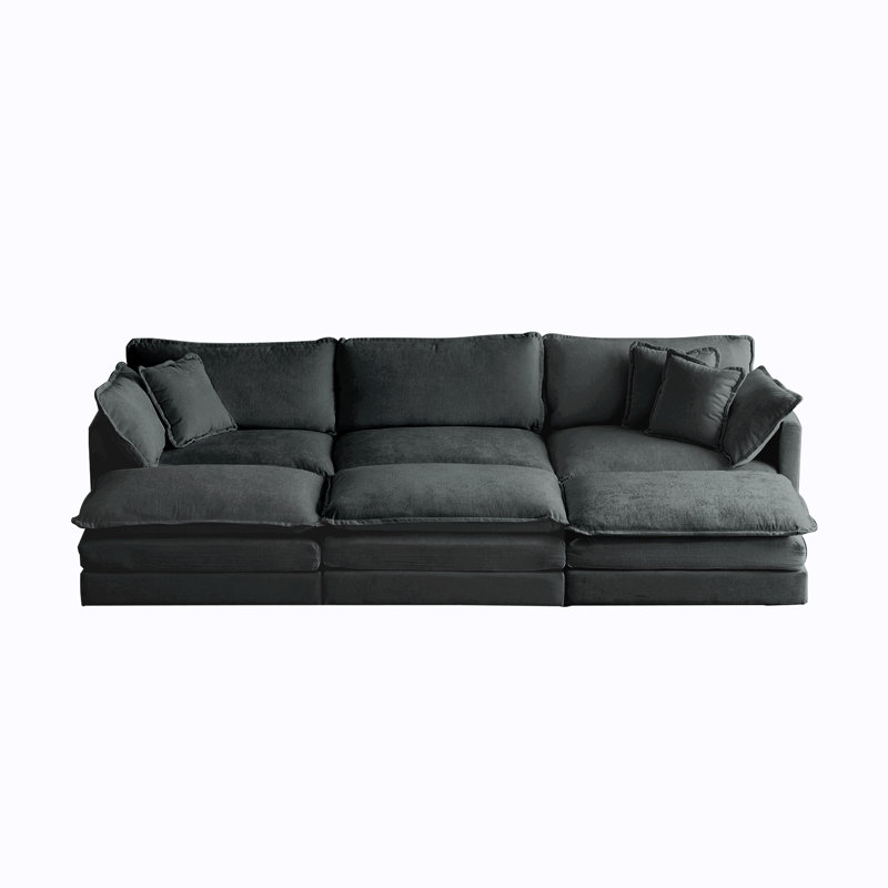 Canapé modulaire réversible 6 places - tissu chenille, 3 repose-pieds, base en bois massif, revêtement confortable, repose-pieds