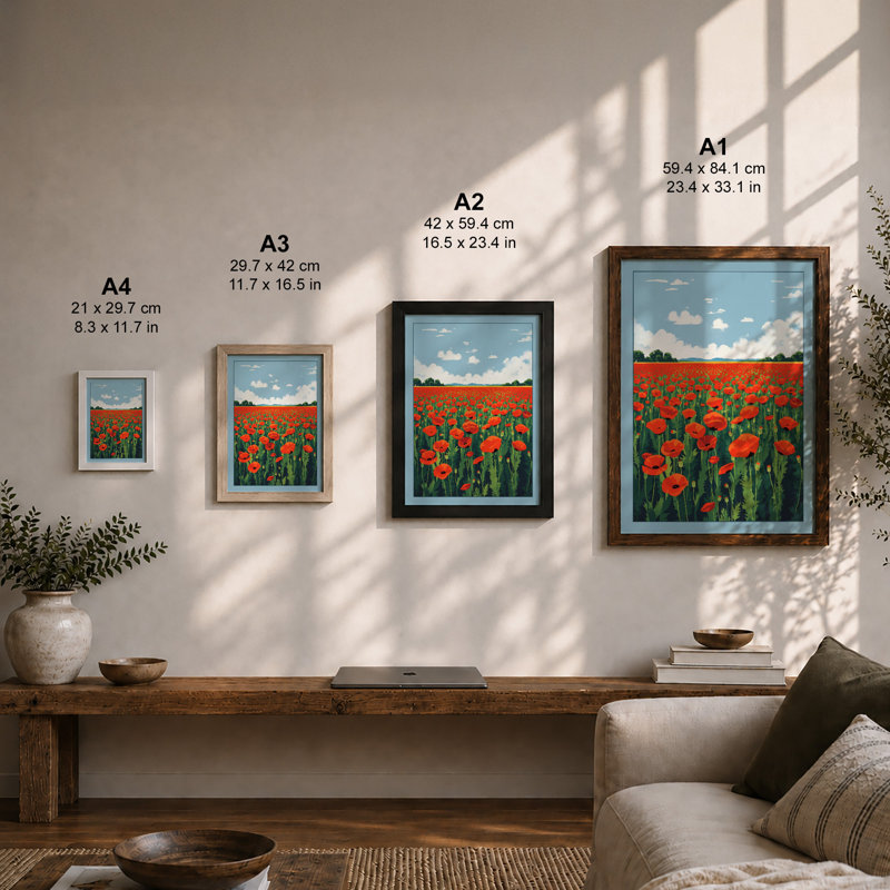 Poppy Field in Bloom Botanical Framed Art Print, Walnut, A3 - 42.0 x 29.7 cm