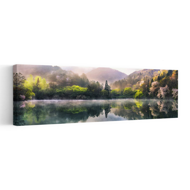 Misty Spring Lake Reflection Peaceful Serene Tranquil Cherry Forest Landscape, art mural, H 60 po x l 20 po