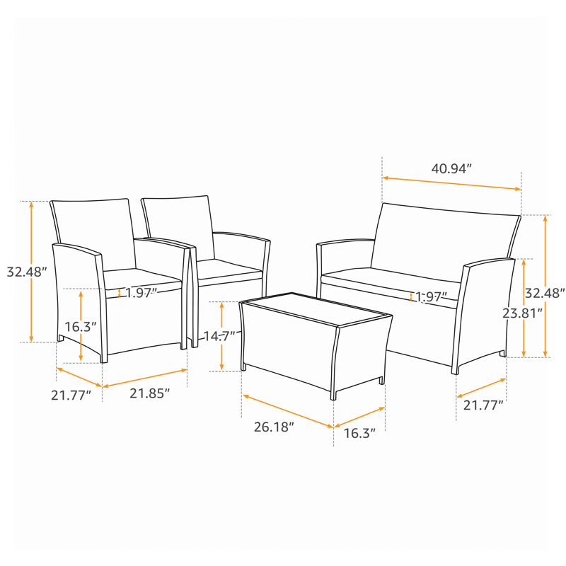 Ensemble de conversation pour patio pour 4 personnes avec coussins, Dark Grey