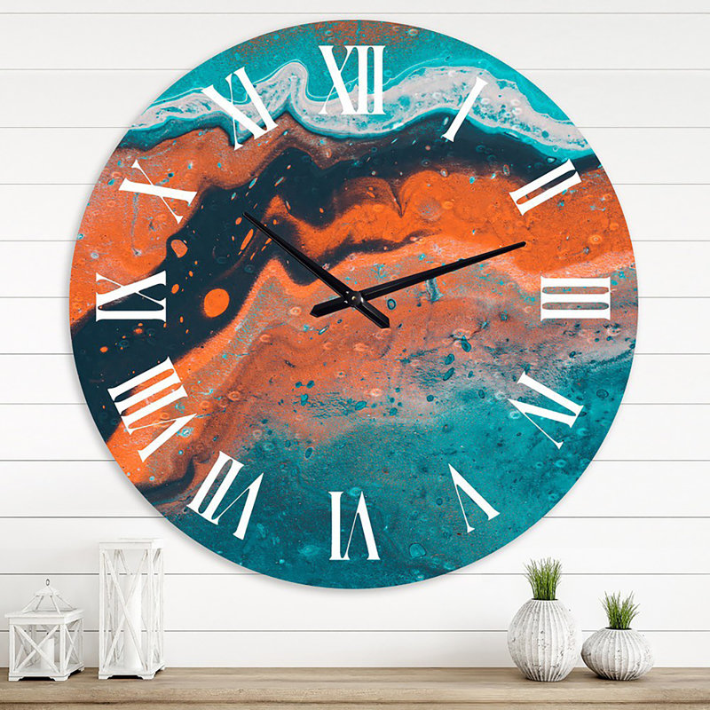 Composition abstraite de marbre en bleu et orange VI - horloge murale moderne, Moyenne