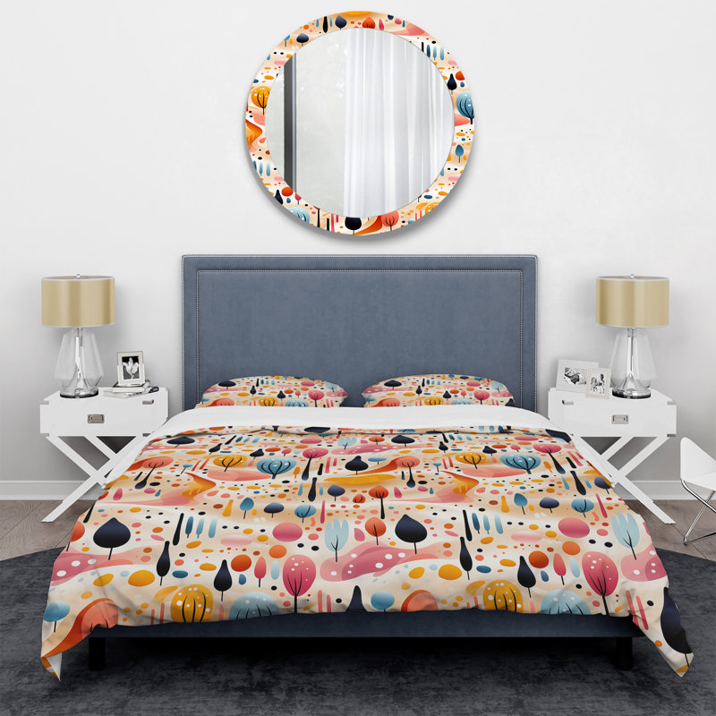 Ensemble de housse de couette rose à motif de formes botaniques I, Housse de couette pour grand lit et 2 taies décor