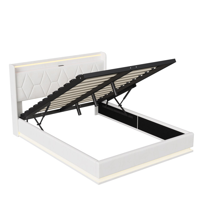 European Double & King Size Velvet Ottoman Bed With Surround LED Lights, Storage Frame With Charging Port, White