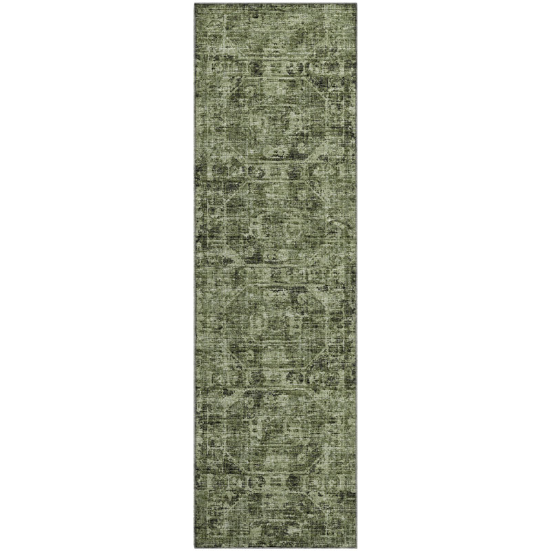 Premium Machine Washable Kelsa AMF41 Olive Rug, Runner 2'3" x 7'6"