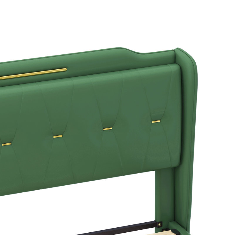 Structure de lit tapissier moderne, lit plateforme grand avec tête de lit à oreilles, revêtement en similicuir, aucun sommier nécessaire, silencieux, cadre de lit robuste pour la chambre à coucher, vert