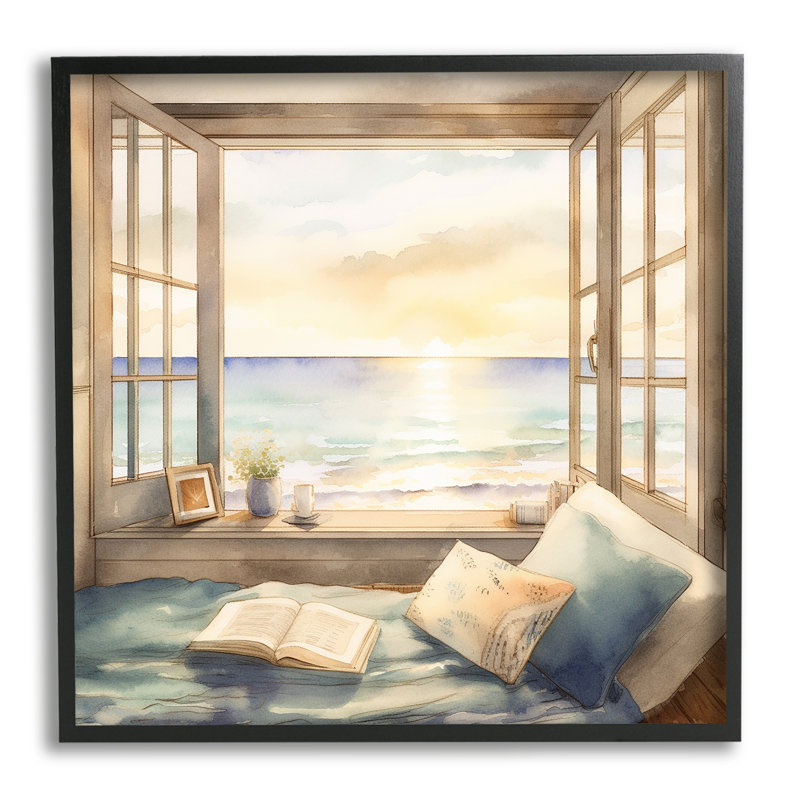 Ba-026 - Encadré d'une fenêtre de plage vue sur toile, H 17 po x l 17 po x P 1,5 po, Giclée encadrée noir minuit