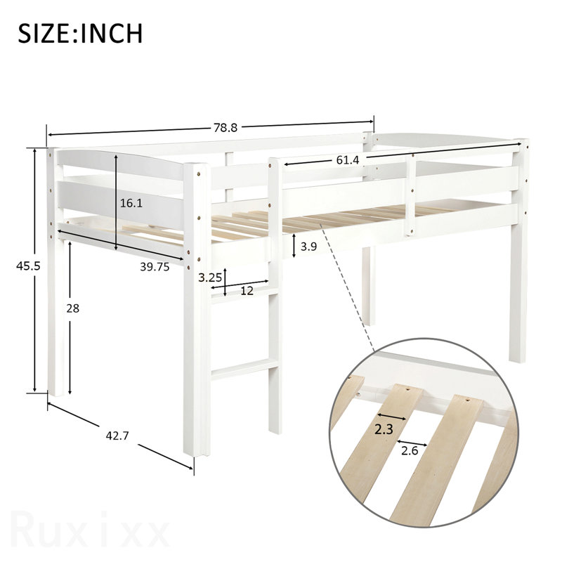 Lit simple mezzanine en bois Lit mezzanine bas avec échelle, simple, blanc, White