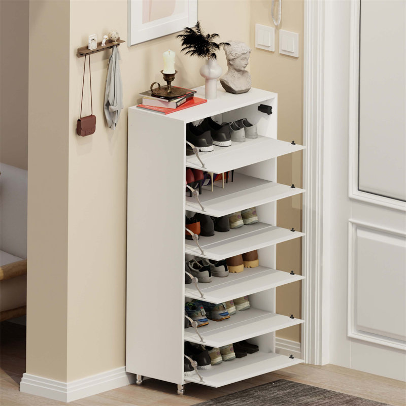 Functional Mirror Shoe Cabinet with Six Flip Drawers, Shoe Rack Organizer for Ample Storage, Four Metal Legs and Hand-Touch Flip-Out Door