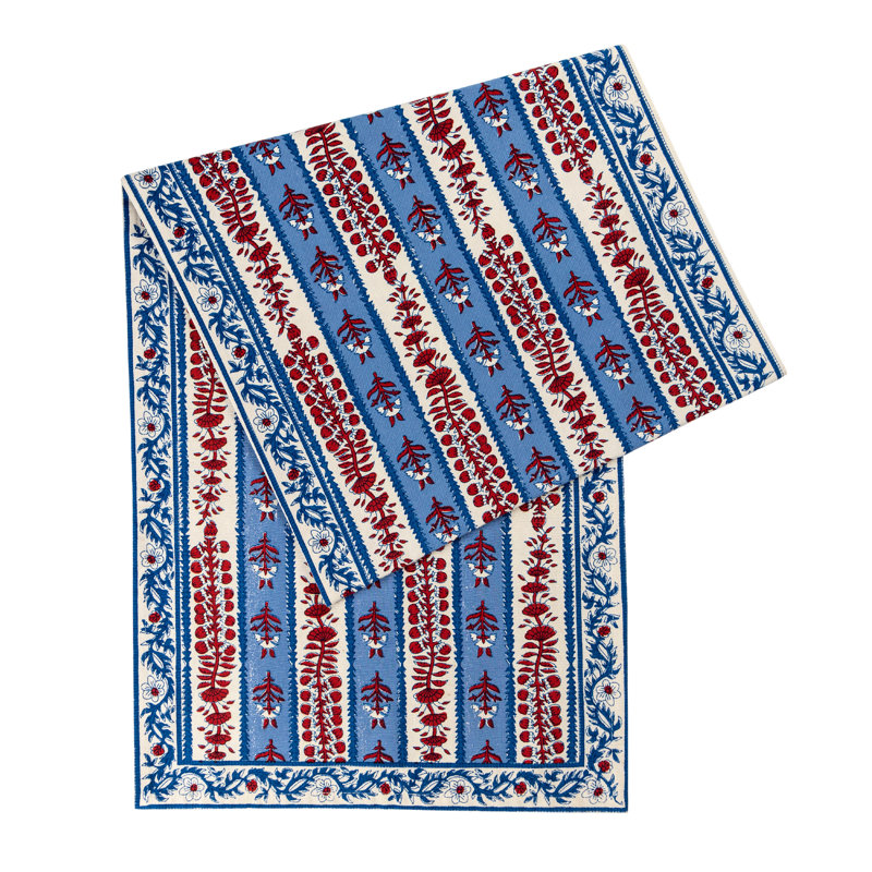 Avignon Handmade Floral Table Runnner, 16" L x 90" W, Blue/Red