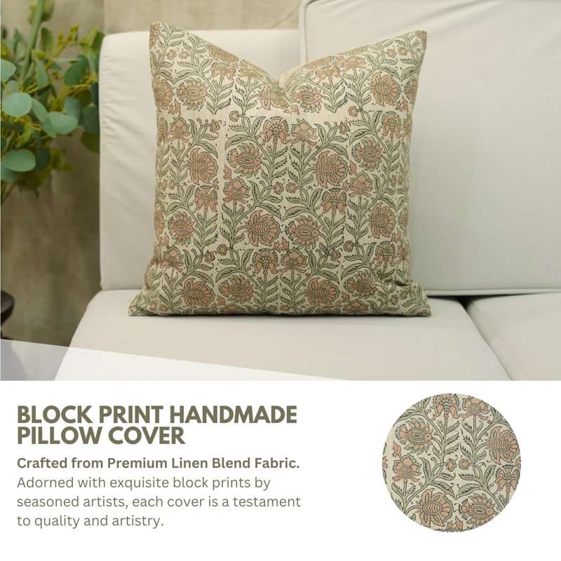 Fabdivine Vintage Jaipuri Jaal Block Print Cushion Cover Handmade Decorative Pillow for Living Room Size-14X20 Inch, Peach