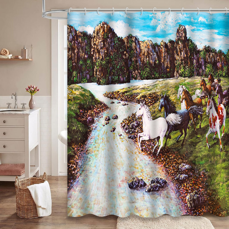 Rideau de douche à peinture à l'huile avec 12 crochets, L 72 po x l 78 po