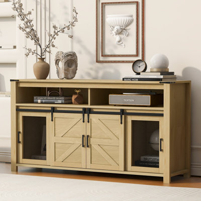 59.3" Farmhouse Sideboard with Sliding Barn Doors, Rustic Buffet Cabinet with Iron Mesh Panels and Open Storage, Multi-Functional Storage Cabinet for by Ebern Designs