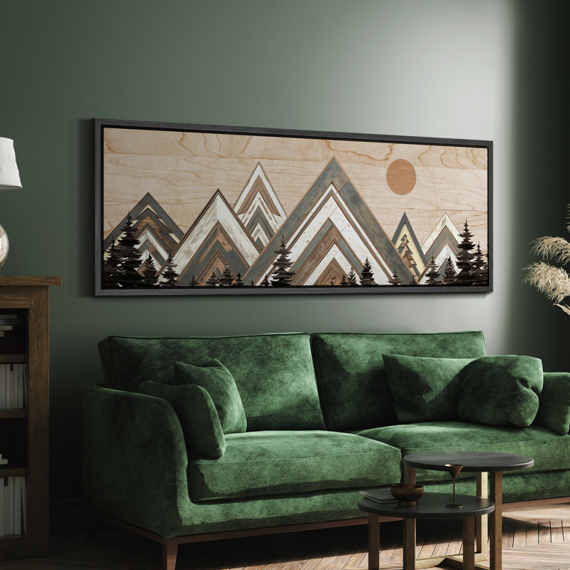 «Western Wood Effect Landscape Abstract Geometric Mountain Range», reproduction sur toile encadrée, H 20 po x l 60 po, Noir