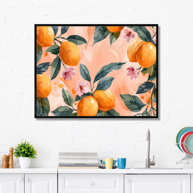 Art floral jaune jaune, rose, orange, arbres III, Cadre flottant noir, H 24 po x l 32 po